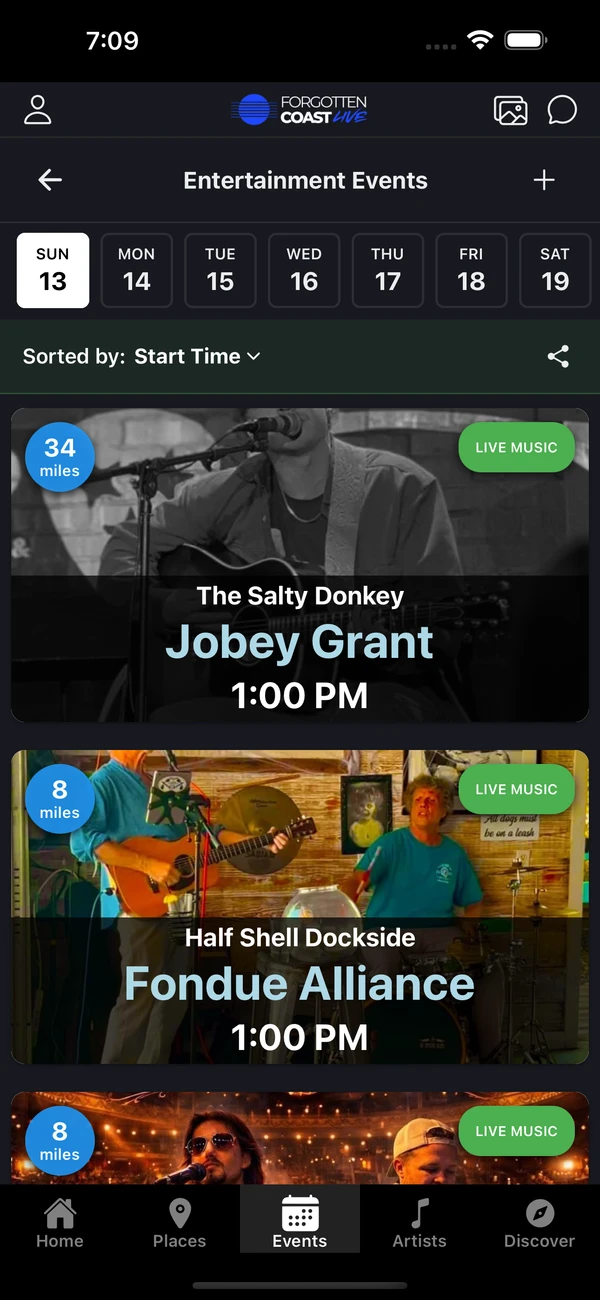 Forgotten Coast Live app showing its entertainment events calendar, live music listings, and bottom navigation.