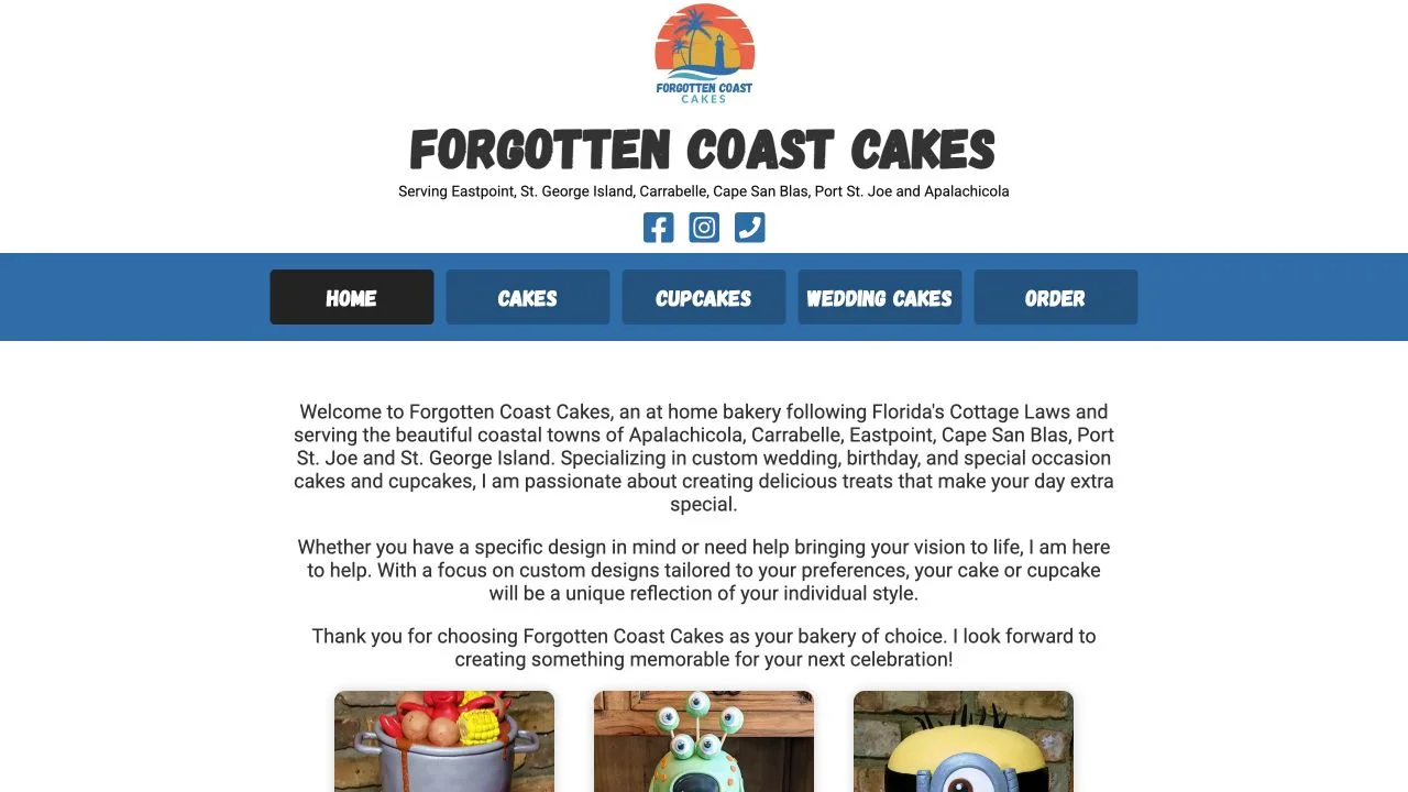 Forgotten Coast Cakes website showing its logo, cake categories, introduction, and custom cake photographs.