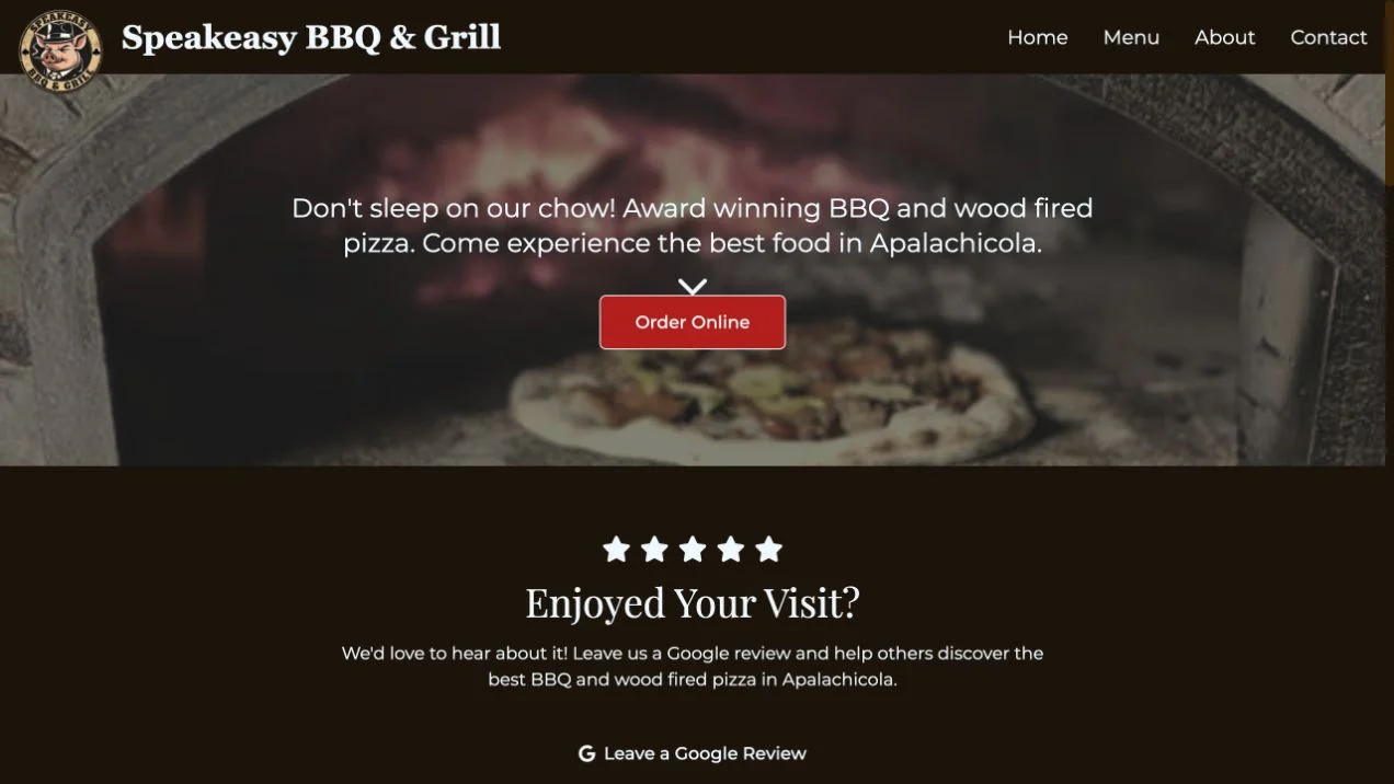 Speakeasy BBQ & Grill website showing its navigation, wood-fired oven photograph, and Order Online link.